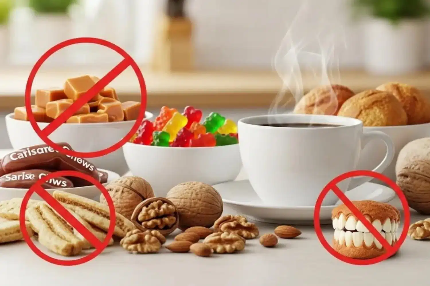 Common foods to avoid with Invisalign, including sticky sweets, hard nuts, hot drinks