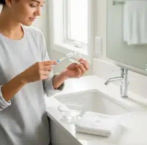Woman cleaning Invisalign aligners with a toothbrush at bathroom sink